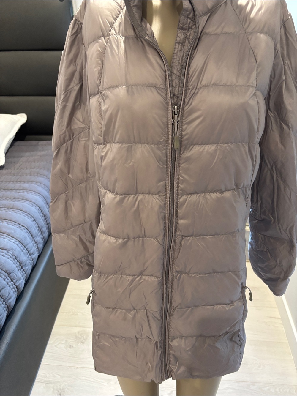 32 Degrees Long Quilted Puffer Jacket in Taupe